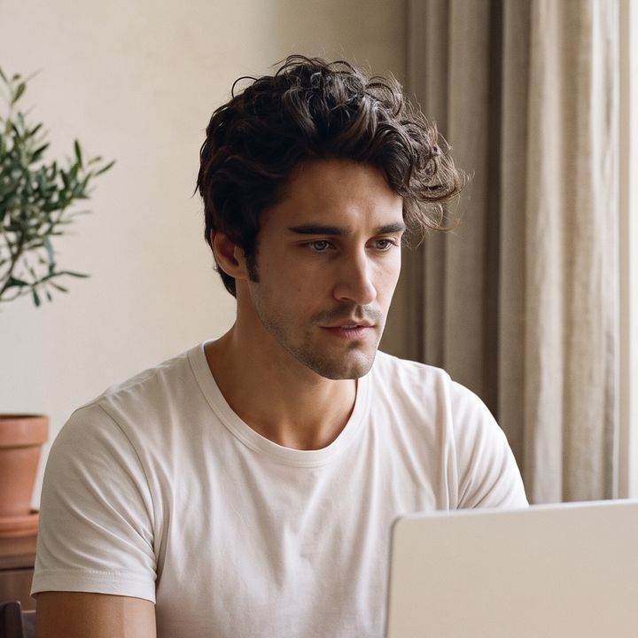 Morning at the desk, focused on the laptop