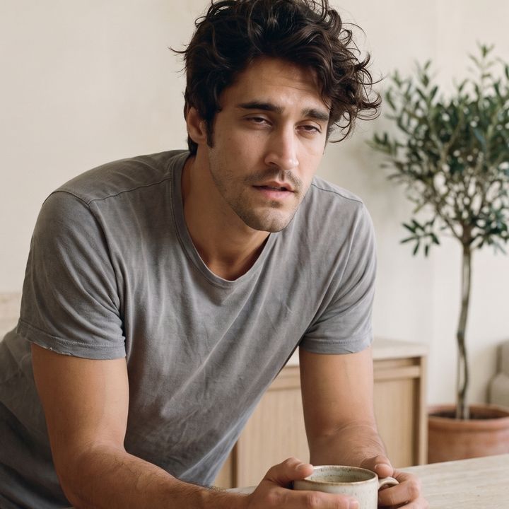 Groggy morning, holding a coffee at the counter